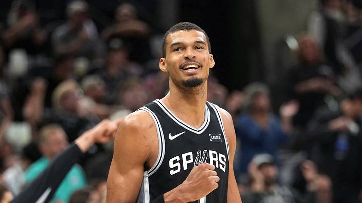 Mar 5, 2026; San Antonio, Texas, USA; San Antonio Spurs forward forward Victor Wembanyama (1) pumps his fist at the end of the second half against the Detroit Pistons at Frost Bank Center. Mandatory Credit: Scott Wachter-Imagn Images