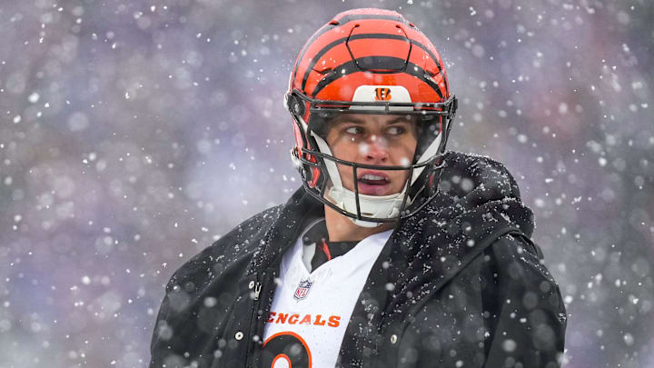 Cincinnati Bengals quarterback Joe Burrow (9) paces during an official review in the second quarter of the NFL Week 14 game between the Buffalo Bills and the Cincinnati Bengals at Highmark Stadium in Orchard Park, N.Y., on Sunday, Dec. 7, 2025.