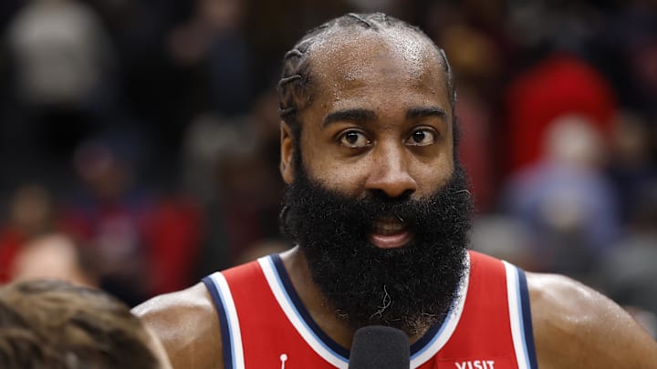Jan 19, 2026; Washington, District of Columbia, USA; LA Clippers guard James Harden (1) gives an on-court interview after the Clippers' game against the Washington Wizards at Capital One Arena. Mandatory Credit: Geoff Burke-Imagn Images