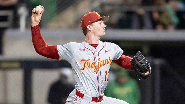 USC pitcher Andrew Johnson throws a pitch as the Oregon Ducks host the USC Trojans on May 14, 2026, in Eugene, Oregon. USC pitcher Andrew Johnson throws a pitch as the Oregon Ducks host the USC Trojans on May 14, 2026, in Eugene, Oregon.