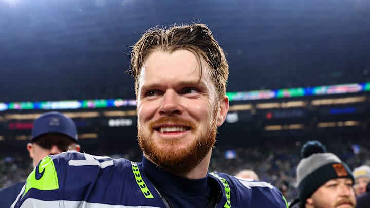Sam Darnold of the Seattle Seahawks smiles Sam Darnold of the Seattle Seahawks smiles