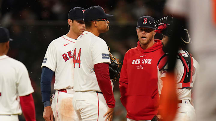 Apr 10, 2024; Boston, Massachusetts, USA; Boston Red Sox pitching coach Andrew Bailey (53) talks