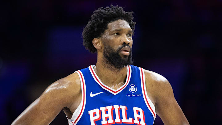 Feb 20, 2025; Philadelphia, Pennsylvania, USA; Philadelphia 76ers center Joel Embiid (21) looks on during the third quarter against the Boston Celtics at Wells Fargo Center. Mandatory Credit: Bill Streicher-Imagn Images