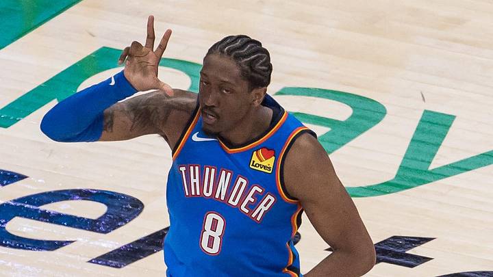 May 18, 2026; Oklahoma City, Oklahoma, USA; Oklahoma City Thunder forward Jalen Williams (8) reacts in double overtime against the San Antonio Spurs during game one of the western conference finals for the 2026 NBA playoffs at Paycom Center. Mandatory Credit: Brett Rojo-Imagn Images
