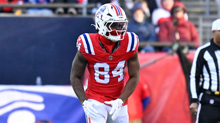 Dec 1, 2024; Foxborough, Massachusetts, USA; New England Patriots wide receiver Kendrick Bourne (84) waits for the snap of the ball during the first half against the Indianapolis Colts at Gillette Stadium. Mandatory Credit: Eric Canha-Imagn Images Dec 1, 2024; Foxborough, Massachusetts, USA; New England Patriots wide receiver Kendrick Bourne (84) waits for the snap of the ball during the first half against the Indianapolis Colts at Gillette Stadium. Mandatory Credit: Eric Canha-Imagn Images