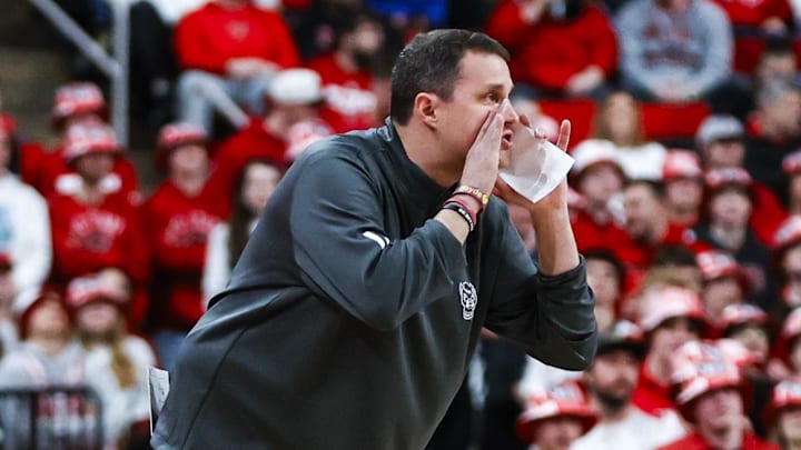 Feb 7, 2026; Raleigh, North Carolina, USA; NC State Wolfpack head coach Will Wade reacts during the first half of the game against the Virginia Tech Hokies at Lenovo Center. Mandatory Credit: Jaylynn Nash-Imagn Images