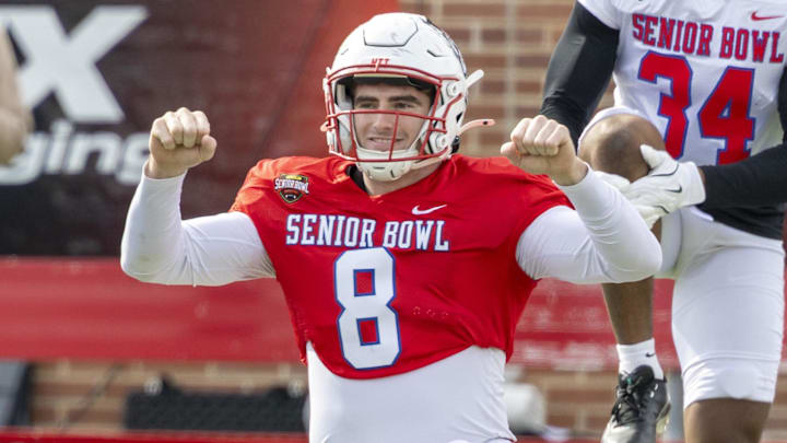 Jan 29, 2026; Mobile, AL, USA; National defensive end Cian Slone (8) of North Carolina State practices during National Senior Bowl practice at Hancock Whitney Stadium. Mandatory Credit: Vasha Hunt-Imagn Images