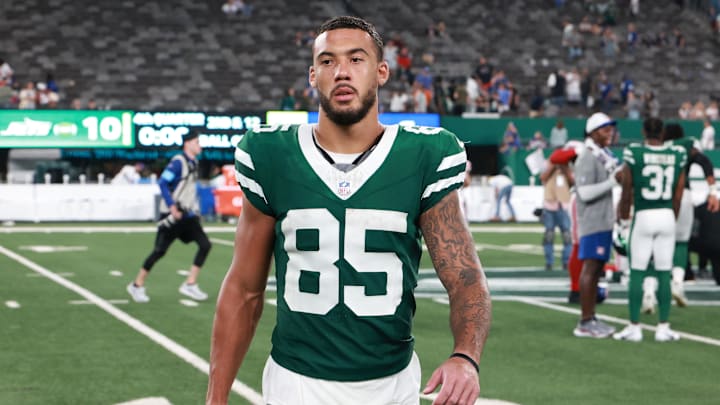 Aug 24, 2024; East Rutherford, New Jersey, USA; New York Jets wide receiver Lance McCutcheon (85) after the game at MetLife Stadium. Mandatory Credit: Vincent Carchietta-Imagn Images
