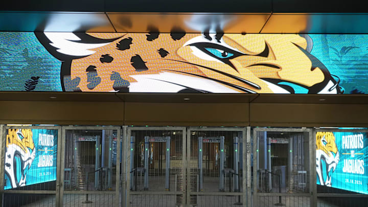 Oct 19, 2024; London, United Kingdom; Jacksonville Jaguars logo at the main entrance to Wembley Stadium. Mandatory Credit: Kirby Lee-Imagn Images