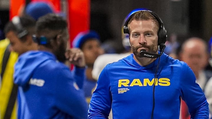 Dec 29, 2025; Atlanta, Georgia, USA; Los Angeles Rams head coach Sean McVay reacts on the sideline against the Atlanta Falcons during the first half at Mercedes-Benz Stadium. Mandatory Credit: Dale Zanine-Imagn Images