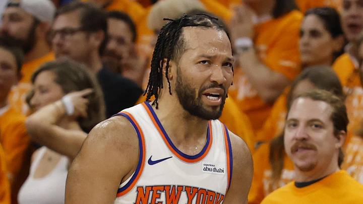 Jun 3, 2026; San Antonio, Texas, USA; New York Knicks guard Jalen Brunson (11) reacts after an injury against the San Antonio Spurs in the first half during game one of the 2026 NBA Finals at Frost Bank Center. Mandatory Credit: Geoff Burke-Imagn Images