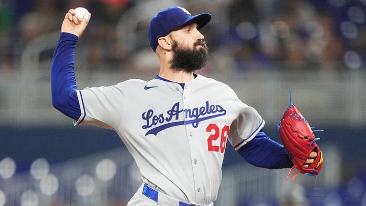 May 6, 2025; Miami, Florida, USA;  Los Angeles Dodgers pitcher Tony Gonsolin (26) pitches in the first inning against the Miami Marlins at loanDepot Park. Mandatory Credit: Jim Rassol-Imagn Images