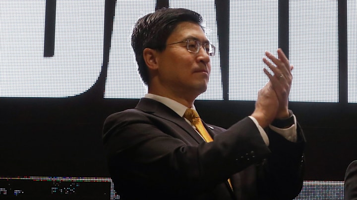 President of Purdue University Mung Chiang and Purdue football head coach Barry Odom President of Purdue University Mung Chiang and Purdue football head coach Barry Odom