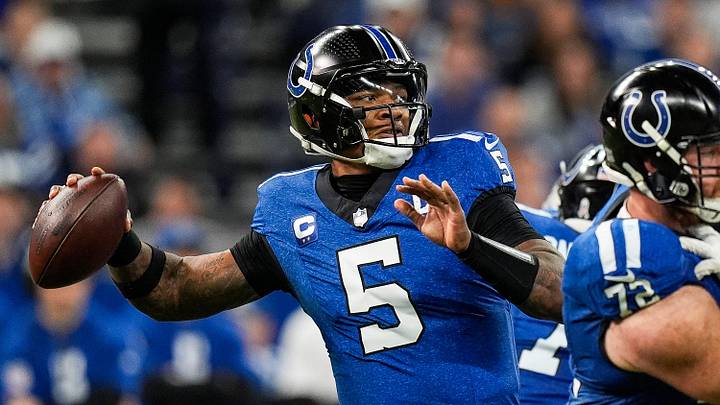 Indianapolis Colts quarterback Anthony Richardson (5) makes a pass against Detroit Lions during the second half at Lucas Oil Stadium in Indianapolis, Ind. on Sunday, Nov. 24, 2024. Indianapolis Colts quarterback Anthony Richardson (5) makes a pass against Detroit Lions during the second half at Lucas Oil Stadium in Indianapolis, Ind. on Sunday, Nov. 24, 2024.