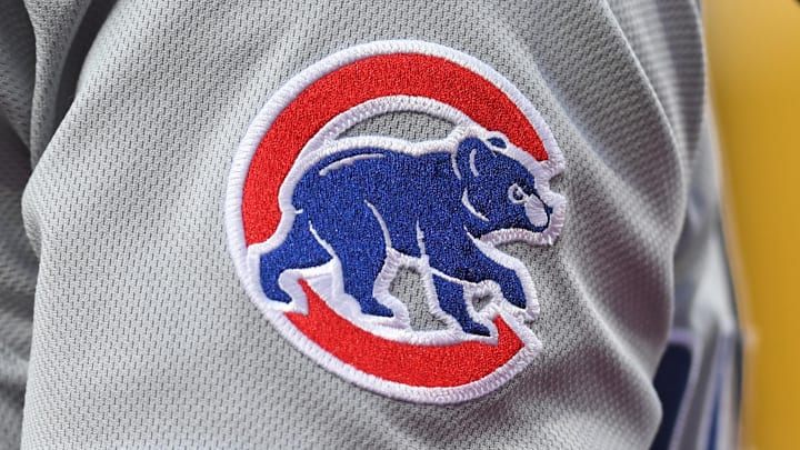 Jun 10, 2025; Philadelphia, Pennsylvania, USA; Chicago Cubs logo on the jersey of third base Matt Shaw (6) against the Philadelphia Phillies at Citizens Bank Park. Mandatory Credit: Eric Hartline-Imagn Images