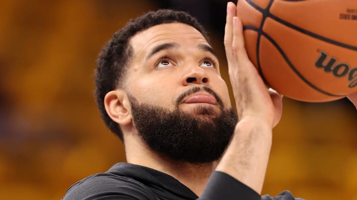 Apr 28, 2025; San Francisco, California, USA; Houston Rockets guard Fred VanVleet (5) warms up before game four of the 2025 NBA Playoffs first round against the Golden State Warriors at Chase Center. Mandatory Credit: Kelley L Cox-Imagn Images