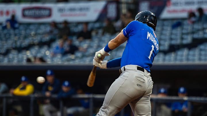 Biloxi Shuckers' Ethan Murray (1) swings at the ball during the game against the Mississippi Braves at Trustmark Park in Pearl, Miss., on the Brave's opening day, Tuesday, April 9, 2024. Braves won 2-0 after the game was called in the top of the eighth inning due to a tornado warning. Biloxi Shuckers' Ethan Murray (1) swings at the ball during the game against the Mississippi Braves at Trustmark Park in Pearl, Miss., on the Brave's opening day, Tuesday, April 9, 2024. Braves won 2-0 after the game was called in the top of the eighth inning due to a tornado warning.