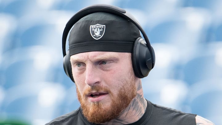Sep 17, 2023; Orchard Park, New York, USA; Las Vegas Raiders defensive end Maxx Crosby warms up before a game against the Buffalo Bills at Highmark Stadium. Mandatory Credit: Mark Konezny-Imagn Images
