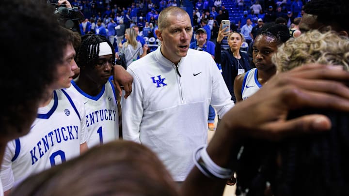 Oct 24, 2025; Lexington, KY, USA; Kentucky Wildcats head coach Mark Pope huddles up with his team after the game against the Purdue Boilermakers at Rupp Arena at Central Bank Center. Mandatory Credit: Jordan Prather-Imagn Images