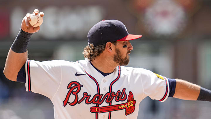 Apr 1, 2026; Cumberland, Georgia, USA; Atlanta Braves third baseman Austin Riley (27) throws out Athletics third baseman Darell Hernaiz (2) (not shown) after fielding a ground ball during the sixth inning at Truist Park. Mandatory Credit: Dale Zanine-Imagn Images