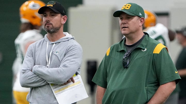 Packers head coach Matt LaFleur, left, talks with general manager Brian Gutekunst during organized team activities in Green Bay.