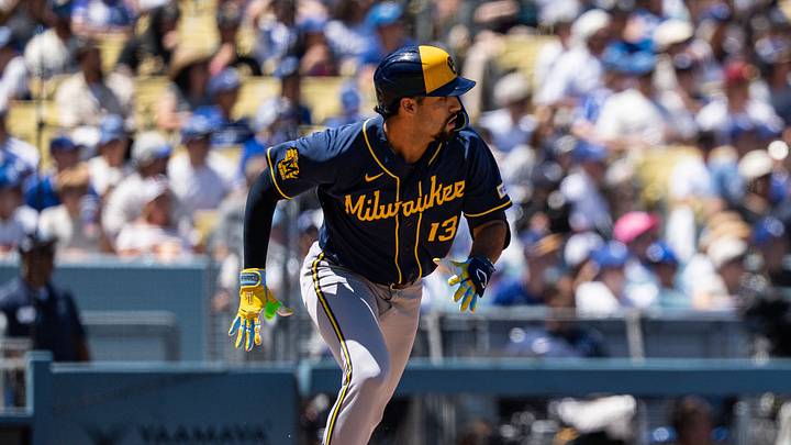 Aug 16, 2026; Los Angeles, California, USA; Milwaukee Brewers shortstop Jonathan Ornelas (13) singles in the second inning against the Los Angeles Dodgers at Dodger Stadium. Mandatory Credit: Jon Endow-Imagn Images