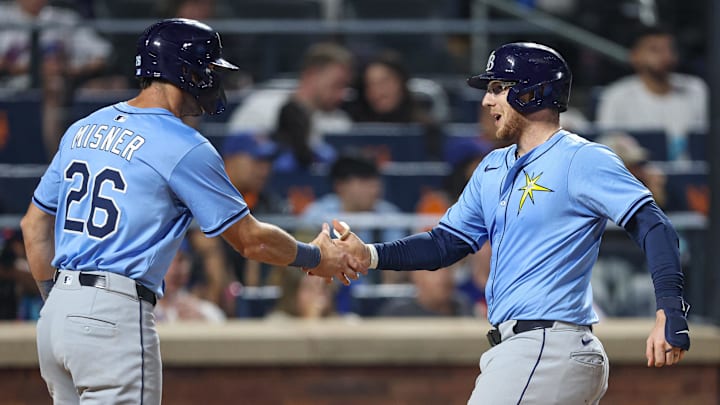 Tampa Bay Rays catcher Danny Jansen (right) celebrates with Kameron Misner (26) after hitting a home run on June 13.