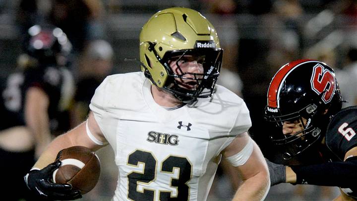Sacred Heart-Griffin's Mikey Groesch rushed 11 times for 117 yards and four touchdowns, an intercepted a pass on defense, all in the first half of 55-14 win over Jacksonville. Sacred Heart-Griffin's Mikey Groesch rushed 11 times for 117 yards and four touchdowns, an intercepted a pass on defense, all in the first half of 55-14 win over Jacksonville.