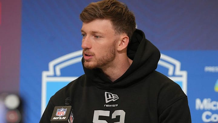 Dillon Thieneman meets with the media at the 2026 NFL Combine.