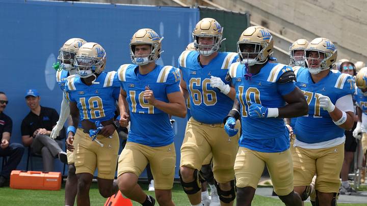 May 2, 2026; Pasadena, CA, USA; UCLA Bruins players enter the field during the spring game at Rose Bowl. Mandatory Credit: Kirby Lee-Imagn Images May 2, 2026; Pasadena, CA, USA; UCLA Bruins players enter the field during the spring game at Rose Bowl. Mandatory Credit: Kirby Lee-Imagn Images