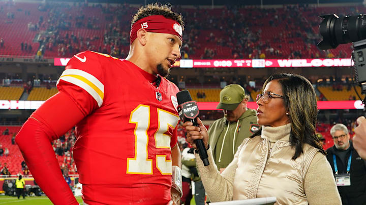 Oct 27, 2025; Kansas City, Missouri, USA; Kansas City Chiefs quarterback Patrick Mahomes (15) speaks with ESPN reporter Lisa Salters after the game against the Washington Commanders at GEHA Field at Arrowhead Stadium. Mandatory Credit: Denny Medley-Imagn Images