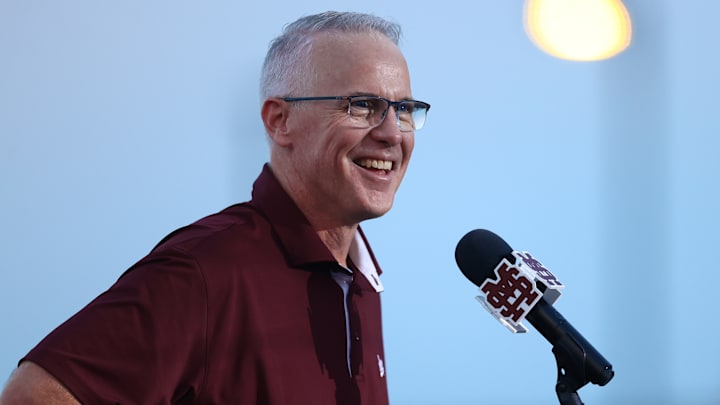 New Mississippi State Bulldogs coach Brian O'Connor talking to the cheering crowd at his formal introduction Thursday evening at Dudy Noble. New Mississippi State Bulldogs coach Brian O'Connor talking to the cheering crowd at his formal introduction Thursday evening at Dudy Noble.