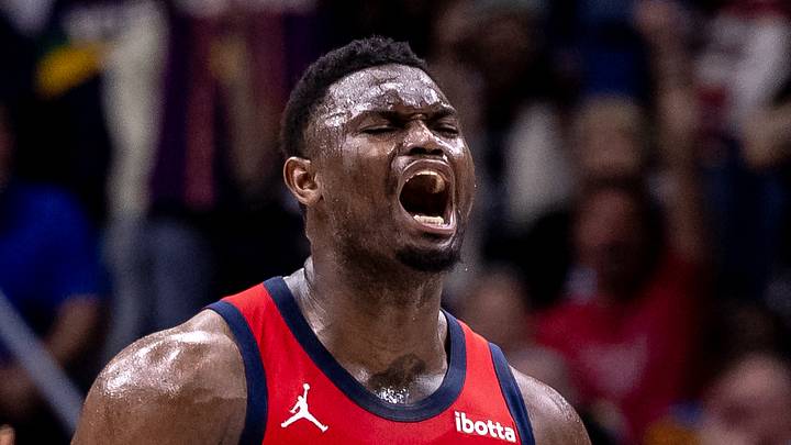 New Orleans Pelicans forward Zion Williamson (1) reacts to making a basket against the Portland Trail Blazers during the first half at Smoothie King Center on March 16, 2024. New Orleans Pelicans forward Zion Williamson (1) reacts to making a basket against the Portland Trail Blazers during the first half at Smoothie King Center on March 16, 2024.