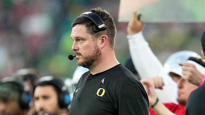 Oregon Ducks head coach Dan Lanning watches from the sideline during the College Football Playoff quarterfinal against the Ohio State Buckeyes at the Rose Bowl in Pasadena, Calif. on Jan. 1, 2025. Ohio State won 41-21.