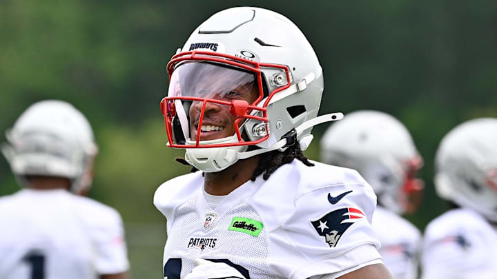Jun 9, 2025; Foxborough, MA, USA; New England Patriots wide receiver Kyle Williams (18) reacts after completing a drill during minicamp at Gillette Stadium. Mandatory Credit: Eric Canha-Imagn Images