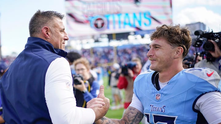New England Patriots coach Mike Vrabel shakes hands with Tennessee Titans wide receiver Mason Kinsey (12) after the game at Nissan Stadium in Nashville, Tenn., Sunday, Oct. 19, 2025. New England Patriots coach Mike Vrabel shakes hands with Tennessee Titans wide receiver Mason Kinsey (12) after the game at Nissan Stadium in Nashville, Tenn., Sunday, Oct. 19, 2025.