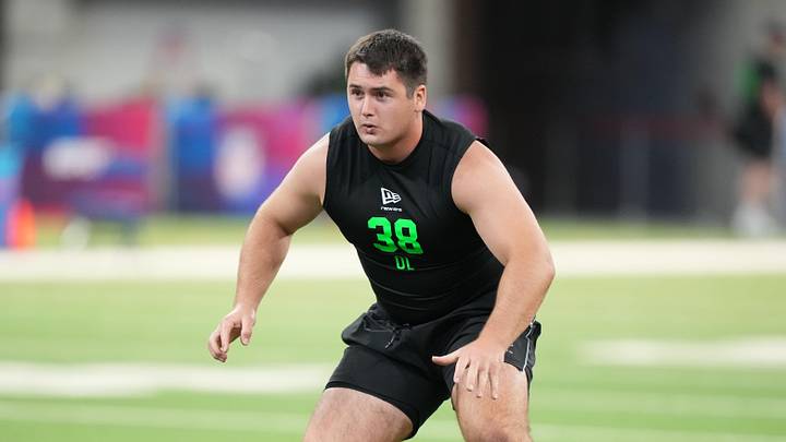 Mar 1, 2026; Indianapolis, IN, USA; Duke offensive lineman Brian Parker (OL38) during the NFL Scouting Combine at Lucas Oil Stadium. Mandatory Credit: Kirby Lee-Imagn Images Mar 1, 2026; Indianapolis, IN, USA; Duke offensive lineman Brian Parker (OL38) during the NFL Scouting Combine at Lucas Oil Stadium. Mandatory Credit: Kirby Lee-Imagn Images