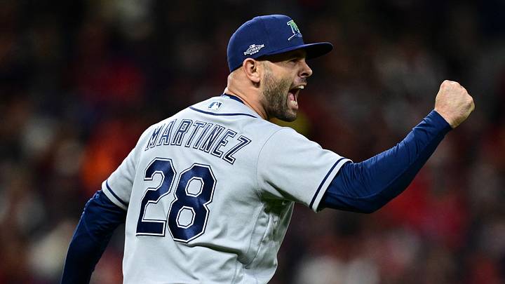 Tampa Bay Rays starting pitcher Nick Martinez (28) reacts