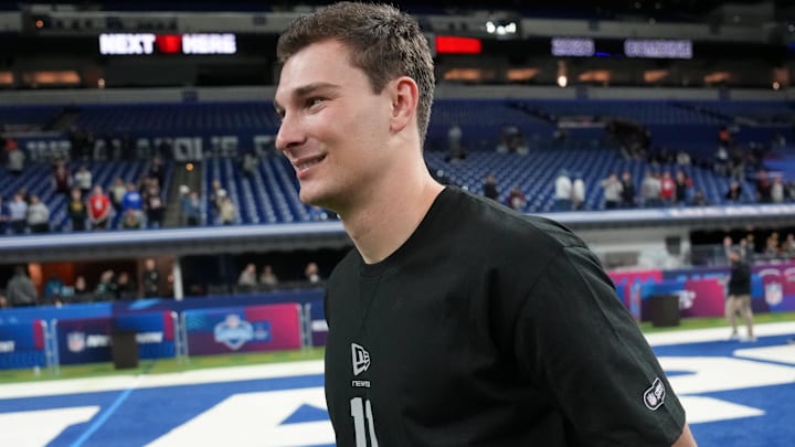 Feb 28, 2026; Indianapolis, IN, USA; Indiana quarterback Fernando Mendoza (QB11) looks on during the NFL Scouting Combine at Lucas Oil Stadium. Mandatory Credit: Kirby Lee-Imagn Images Feb 28, 2026; Indianapolis, IN, USA; Indiana quarterback Fernando Mendoza (QB11) looks on during the NFL Scouting Combine at Lucas Oil Stadium. Mandatory Credit: Kirby Lee-Imagn Images