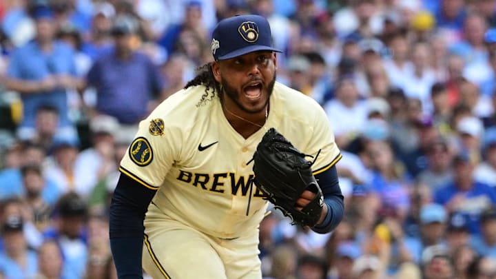 Oct 4, 2025; Milwaukee, Wisconsin, USA; Milwaukee Brewers starting pitcher Freddy Peralta (51) reacts after striking out Chicago Cubs second baseman Nico Hoerner (not pictured) during the fifth inning of game one of the NLDS round for the 2025 MLB playoffs at American Family Field. Mandatory Credit: Benny Sieu-Imagn Images