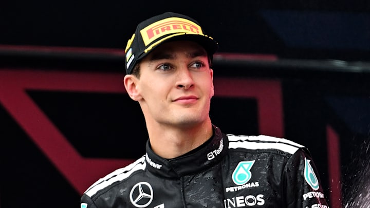 George Russell, Mercedes, celebrates his second place at the 2025 Formula 1 Azerbaijan Grand Prix at the Baku City Circuit, Baku.