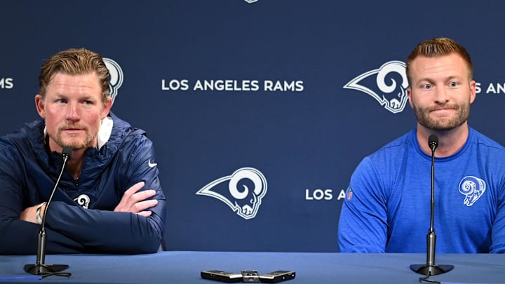 Apr 23, 2019; Thousand Oaks, CA, USA; Los Angeles Rams general manager Les Snead (left) and coach Sean McVay address the media at a press conference at Cal Lutheran University prior to the 2019 NFL Draft. Mandatory Credit: Kirby Lee-Imagn Images