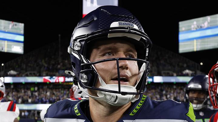 Seattle Seahawks quarterback Drew Lock reacts after defeating the New England Patriots
