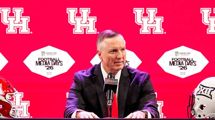 Jul 7, 2026; Frisco, TX, USA; Houston head coach Willie Fritz speaks to reporters during Big 12 Conference Football Media Days at The Star. Mandatory Credit: Raymond Carlin III-Imagn Images Jul 7, 2026; Frisco, TX, USA; Houston head coach Willie Fritz speaks to reporters during Big 12 Conference Football Media Days at The Star. Mandatory Credit: Raymond Carlin III-Imagn Images