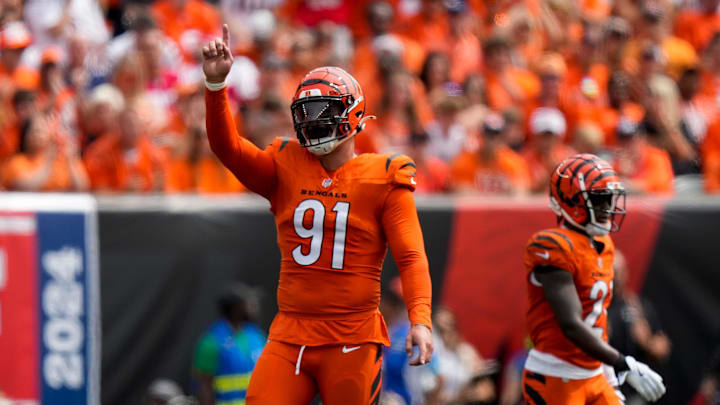 Cincinnati Bengals defensive end Trey Hendrickson (91) celebrates after a false start penalty on the Patriots in the first quarter of the NFL Week 1 game between the Cincinnati Bengals and the New England Patriots at Paycor Stadium in downtown Cincinnati on Sunday, Sept. 8, 2024.