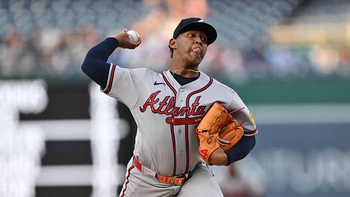 Apr 22, 2026; Washington, District of Columbia, USA;  Atlanta Braves pitcher Didier Fuentes (72) pitches against the Washington Nationals at Nationals Park. Mandatory Credit: Jamie Sabau-Imagn Images