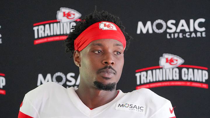 Aug 3, 2026; Kansas City, MO, USA; Kansas City Chiefs   safety Chamarri Conner (27) speaks to media after training camp at Missouri Western University. Mandatory Credit: Denny Medley-Imagn Images
