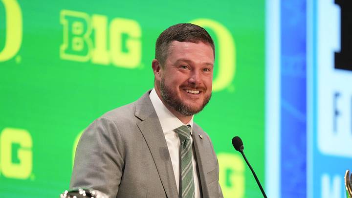 Jul 23, 2025; Las Vegas, NV, USA; Oregon head coach Dan Lanning speaks to the media during the Big Ten NCAA college football media days at Mandalay Bay Resort. Mandatory Credit: Lucas Peltier-Imagn Images