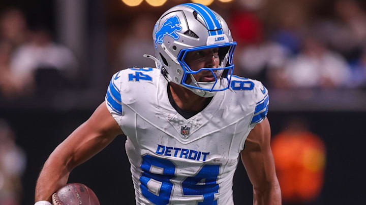 Detroit Lions tight end Shane Zylstra (84) runs after a catch against the Atlanta Falcons during preseason Detroit Lions tight end Shane Zylstra (84) runs after a catch against the Atlanta Falcons during preseason