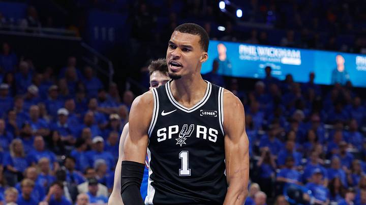 May 18, 2026; Oklahoma City, Oklahoma, USA; San Antonio Spurs center Victor Wembanyama (1) reacts after a dunk in the second quarter against the Oklahoma City Thunder during game one of the western conference finals for the 2026 NBA playoffs at Paycom Center. Mandatory Credit: Alonzo Adams-Imagn Images